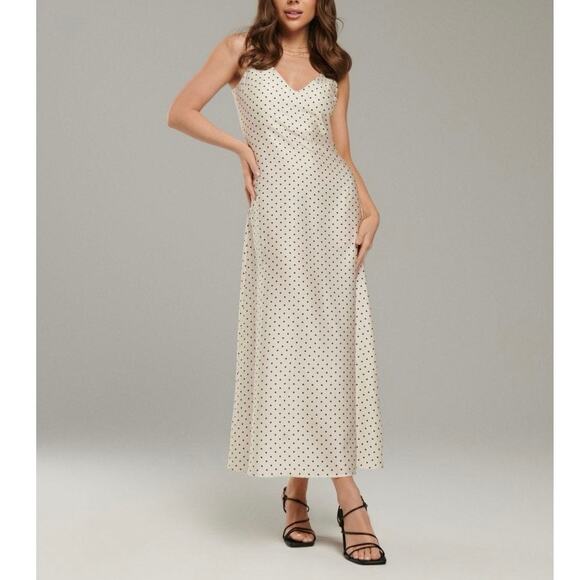 Sinsay Satin Polka Dot Maxi Dress Sleeveless V Neck Elegant Retro White Medium - Picture 1 of 15